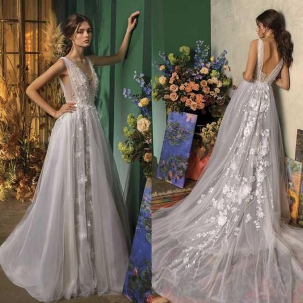 

beach wedding dresses a line v neck lace 3d applique bridal gowns sweep train backless wedding gowns for beach garden, White