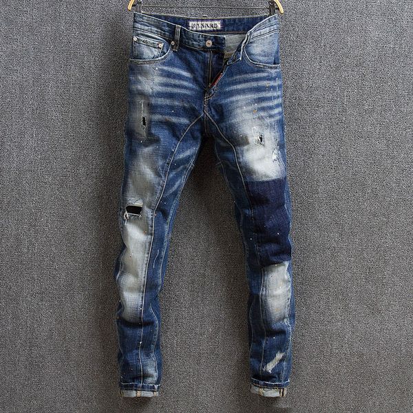 

italian vintage designer men jeans retro blue ripped jeans men spliced slim fit fashion streetwear hip hop