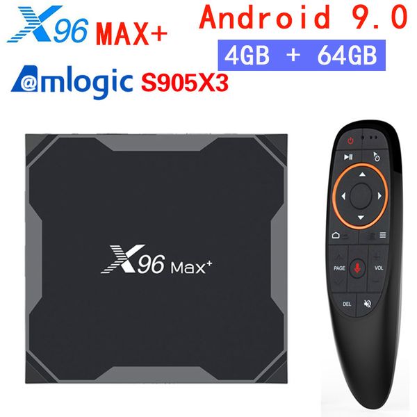 

x96 max+ smart tv box android 9.0 amlogic s905x3 quad core 4gb 64gb 2.4g&5ghz wifi bluetooth 1000m 8k set box with voice remote control