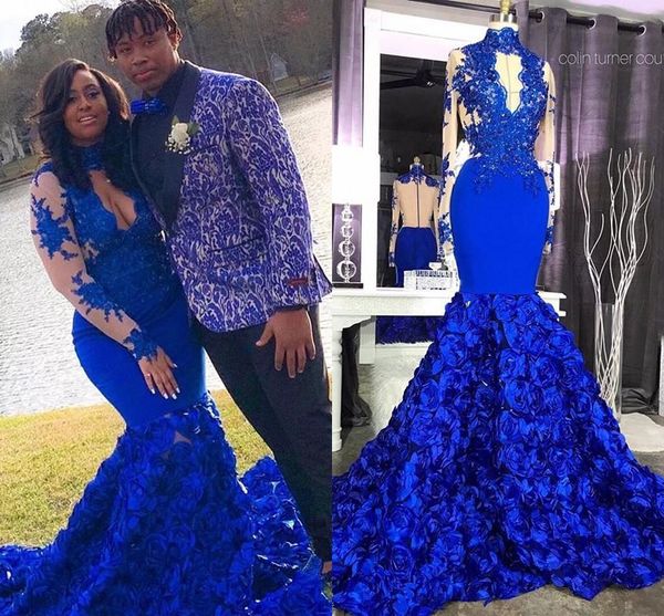 

royal blue high neck mermaid prom dresses 3d flowers lace appliques sheer long sleeves african arabic formal party evening gowns, Black;red