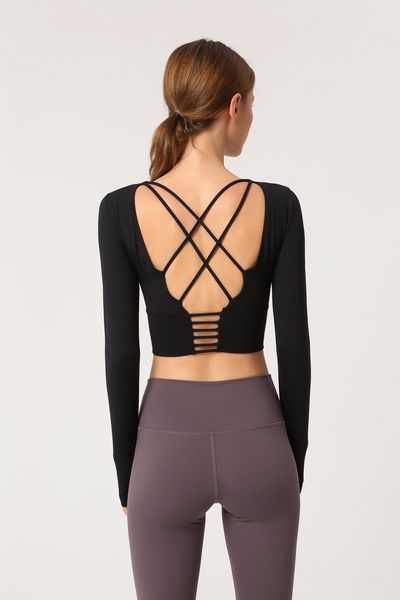 

women back straps gym yoga crop yoga shirts long sleeve training fitness running sport t-shirts, White;red