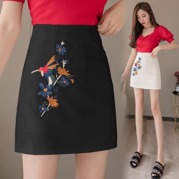 

women short 2020 new spring summer wear mini skirt with embroidery floral high waist skirts womens a-line korean style, Black