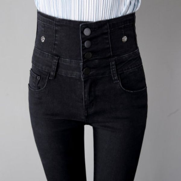 

black high waist jeans female soil wear tight leg soft washing outside, Blue