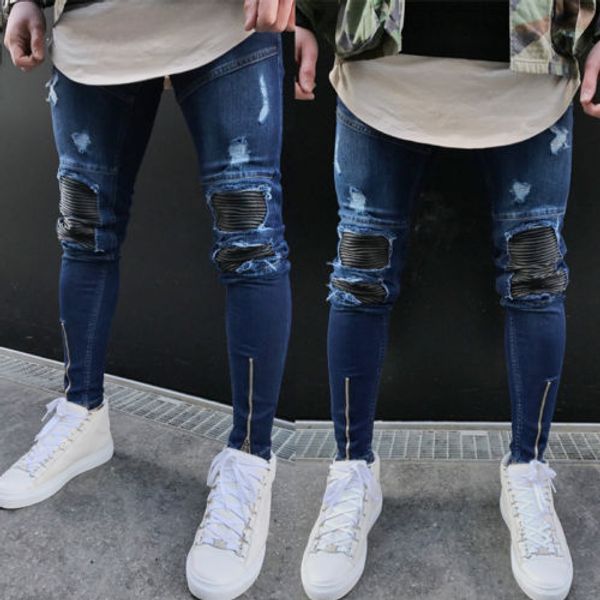 

fashion brand new arrivals fashion male men's washed ripped destroyed jeans straight vintage frayed denim zipper biker pants, Blue