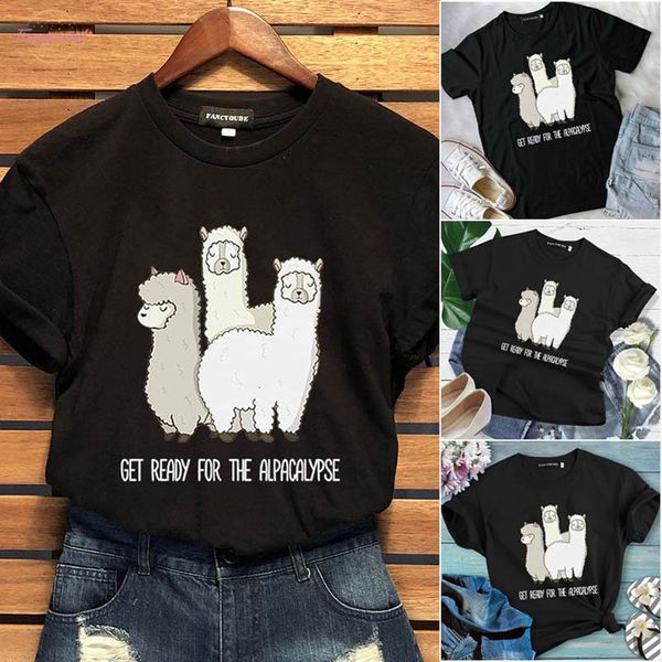 

cute alpaca printed llama cotton t shirt women summer short sleeve graphic oversize round neck tumblr funny animals tshirt, White