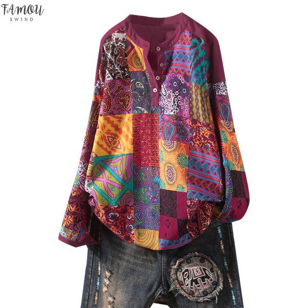 

blouse plus size womens boho long sleeve cotton buttons o neck printed v neck blouse new spring vetement femme b50, White