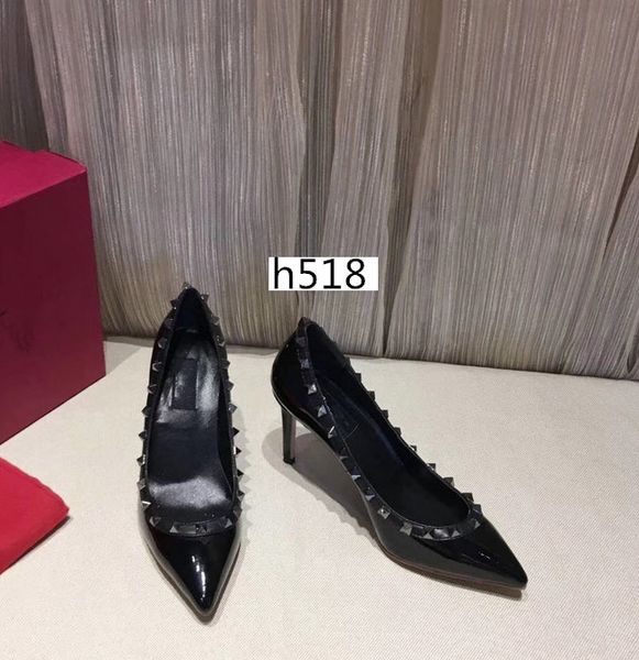 

latest luxury patent leather women pointed toe pumps fashion rivet stiletto high-heeled shoes, Black