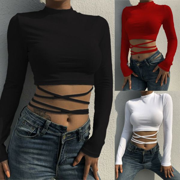

down bandage cross crop women 2019 autumn winter red black white basic club mock neck long sleeve stretchy t shirt