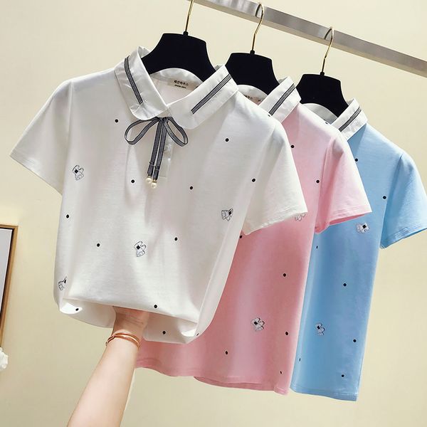 

women's t-shirt summer 2020 new doll collar half-sleeved cotton ladies top, White