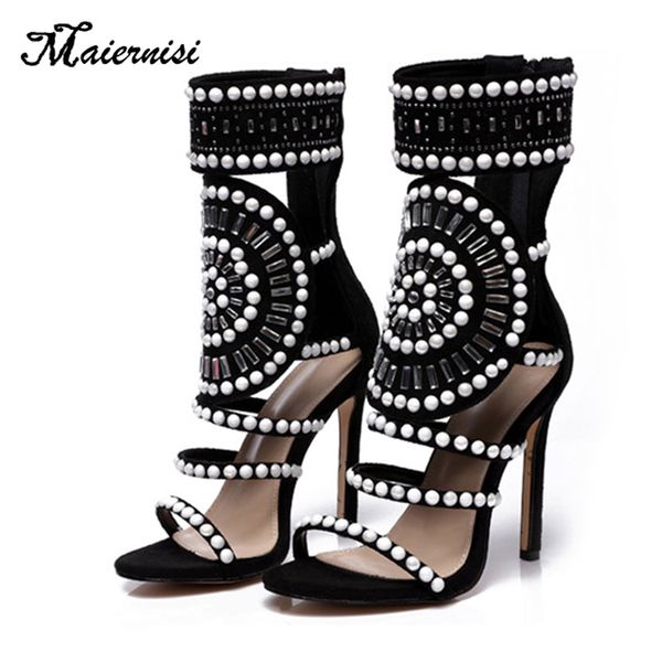

maiernisi 2019 new pearl decoration women pumps high heel women sandals cover heel for party gladiator ladies shoes hollow, Black