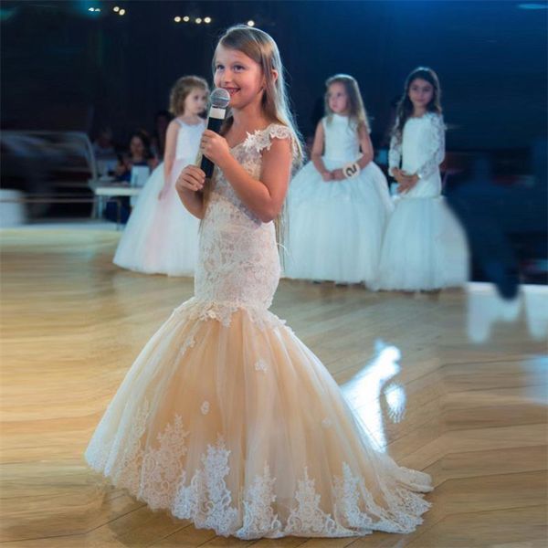 

new lace mermaid flower girls dresses girl's pageant dresses custom scoop neck appliques sleeveless layered tulle trumpet style, Red;yellow