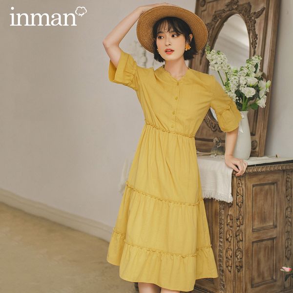 

inman 2020 summer new arrival pure cotton v-neck stringy selvedge french style short sleeve dress, Black;gray