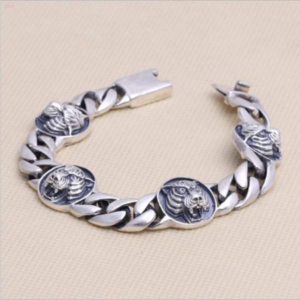 

s925 sterling silver personalized jewelry retro thai silver men's king tiger head style bracelet for men 2019 new sytle fashion, Black