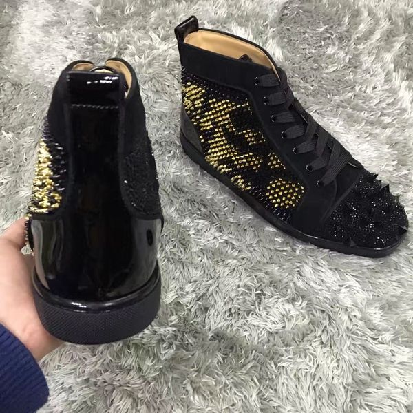 

первоначально коробка, eu35-47] brand high top rhinestone шипы красной подошвой тапки, известный дизайнер мужчины вскользь скейтборд платье, Black