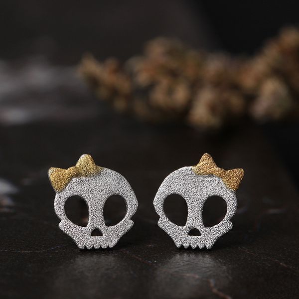 

925 sterling silver bow skull stud earrings for women personality fashion girl gift prevent allergy sterling-silver-jewelry, Golden;silver