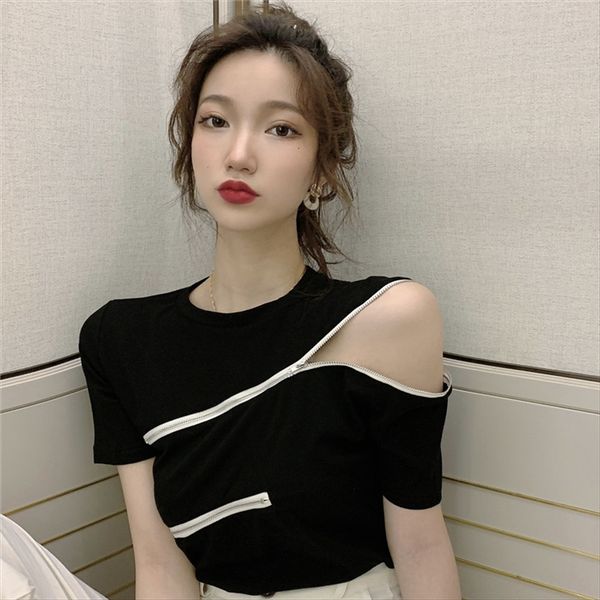 

2020 strapless short-sleeved t- zipper t-shirt zipper slim round collar short base shirt women's fashion, White
