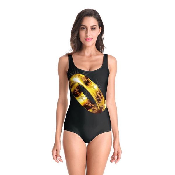 

new sleeveless sgold ring 3d beach style suit printed girl swimsuit one piece swimwear women cosplay funny, Black;white