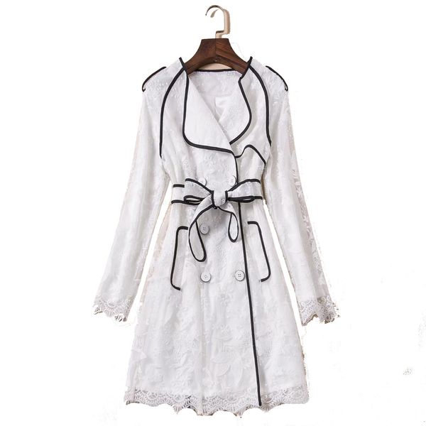 

european and american women's fashion 2019 spring new style long sleeve lapel double breasted lacing lace trench dress, Black;gray
