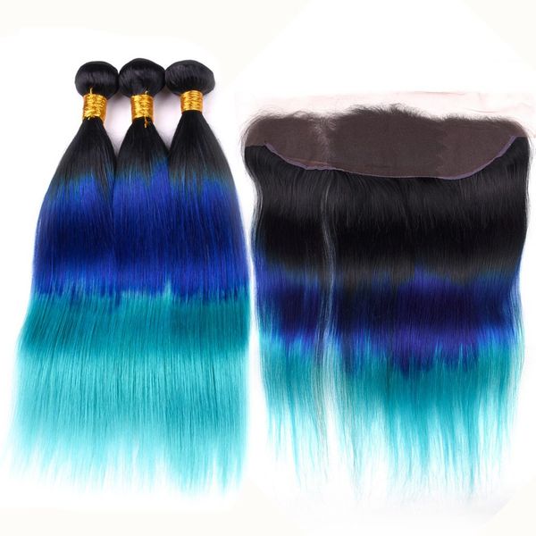 1b Blue Teal Ombre Straight Indian Human Hair 3bundles And Frontal