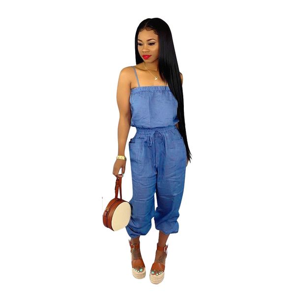 

Womens Summer Solid Color Sling Jumpsuit Casual Loose Sleeveless Tube Top Blue Sexy Clothing Fashion Rompers