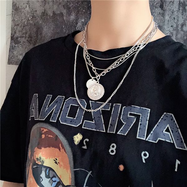 

2019 монета кулон многослойный золотой цвет металла дизайн прохладный шикарный длинная цепь хип-хоп стиль ожерелья для мужчин женщин партии, Silver