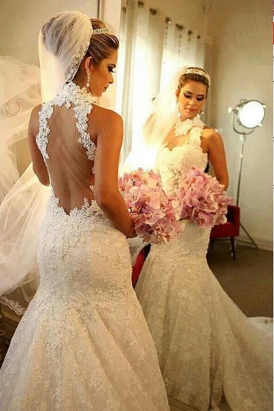 

elegant high neck hollow back wedding dresses sheer neck mermaid sequins applique beading tulle wedding dress bridal gowns cheap, White