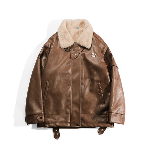 

men pu leather jackets men's loose lapel fleece thick faux leather jacket winter fur collar motorcycle clothing jacket, Black