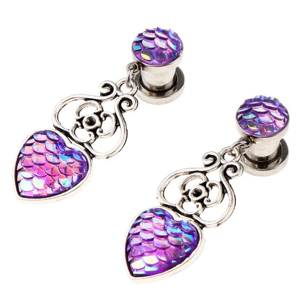 

1 pair resin colorful fish scale pattern heart dangle charms plug ear guage, Slivery;golden