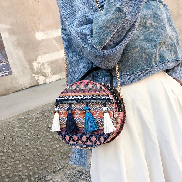 

women tassel packet messenger bag national wind portable chain shoulder bag small round crossbody bags handbag bolsos #t2g