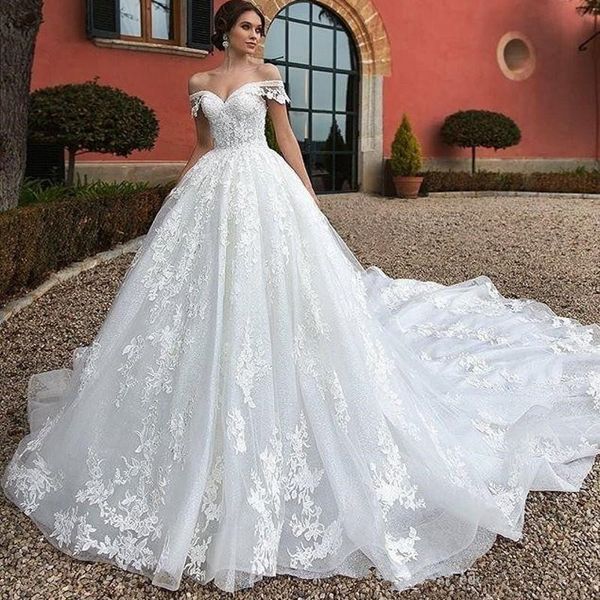 

2020 скромная принцесса с плеча кружева линия свадебные платья аппликации суд поезд свадебные платья свадебное платье плюс размер vestidos d, White