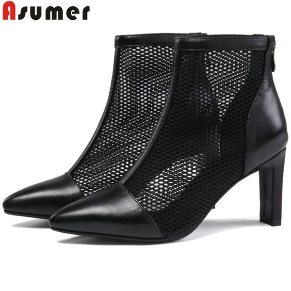 

asumer 2019 new ankle boots for women pointed toe zip mesh+cow leather boots high heels ladies prom, Black