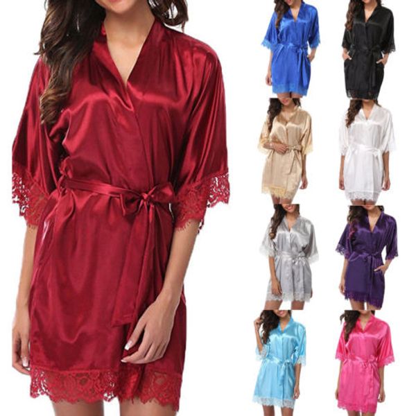 

new women's satin silk sleepwear nightdress lingerie night wear ladies solid lace patchwork bandage v-neck clothing, Black;red