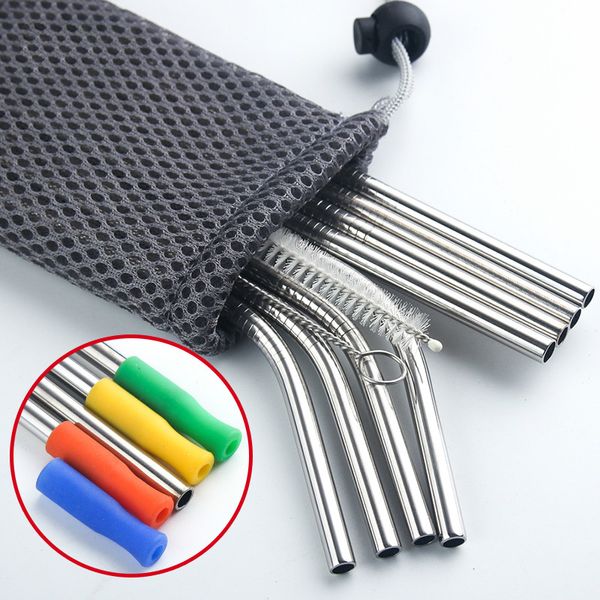 

reusable metal drinking straws stainless steel sturdy bent straight drinks straw with cleaning brush bar party accessory