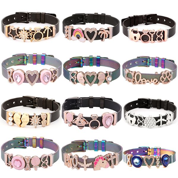 

baopon black & colorful stainless steel mesh bracelet bangles for women with slide charms bracelets diy jewelry as special gift