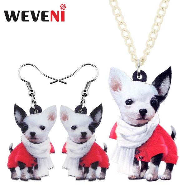

weveni acrylic scarf chihuahua dog necklace earrings jewelry sets sweet pet teens girl fashion party decoration charm gift bulk, Silver