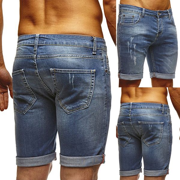 

shorts jeans men's fashion solid color self-cultivation washed white five points shorts straight leisure denim, Blue