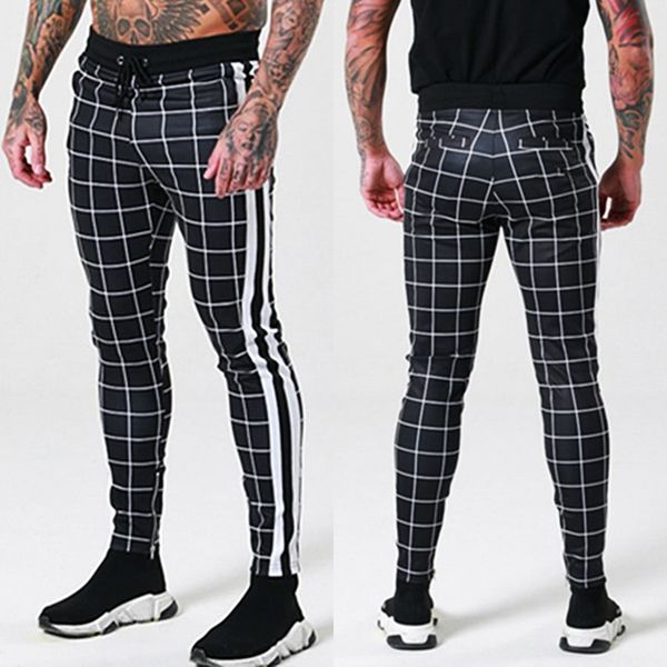 

men's pants streetwear casual plaid trousers sports running drawstring long jaqueta pantalones hombre cargo men, Black