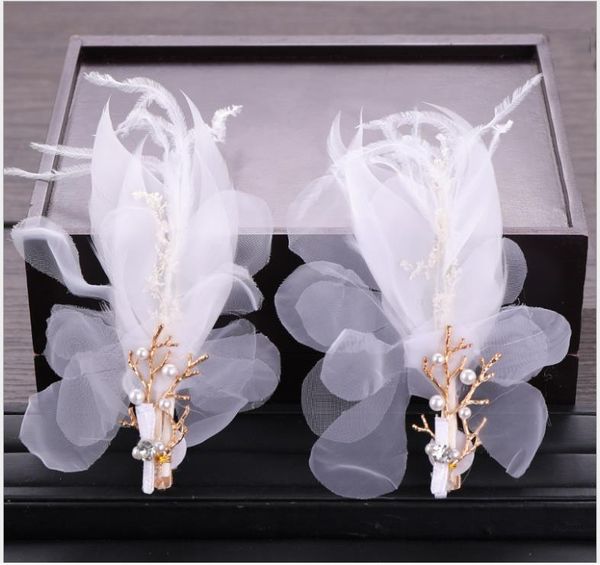 

korean bride wedding accessories feather crepe head flower hair clip bride flower headdress, Silver