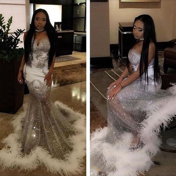 

black girls mermaid white feather prom dress 2020 sparkling silver sequins sweetheart see through skirt long graduation dresses party gowns