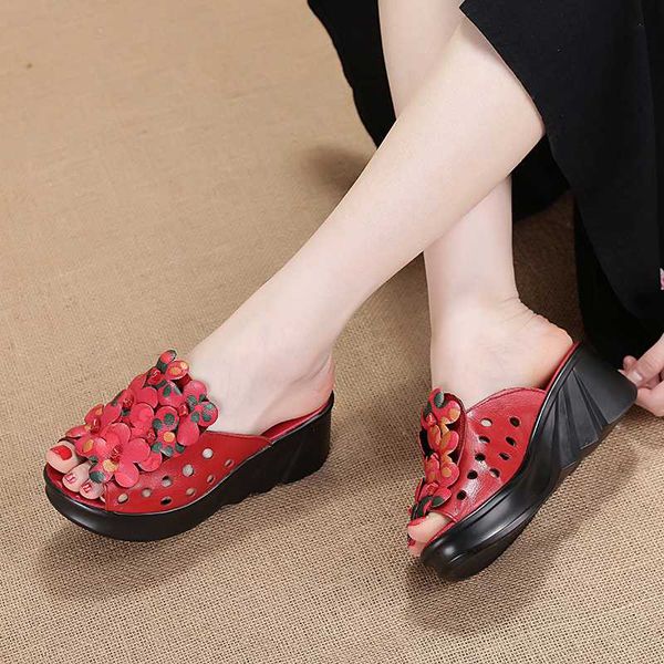 

summer woman shoes platform slippers wedge genuine leather women high heel slippers for women retro sandals female shoes, Black