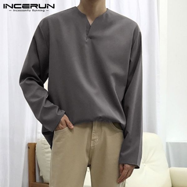 

cotton vintage men t shirt solid color long sleeve v neck casual streetwear leisure t-shirts loose cmiseta masculina incerun 3xl, White;black