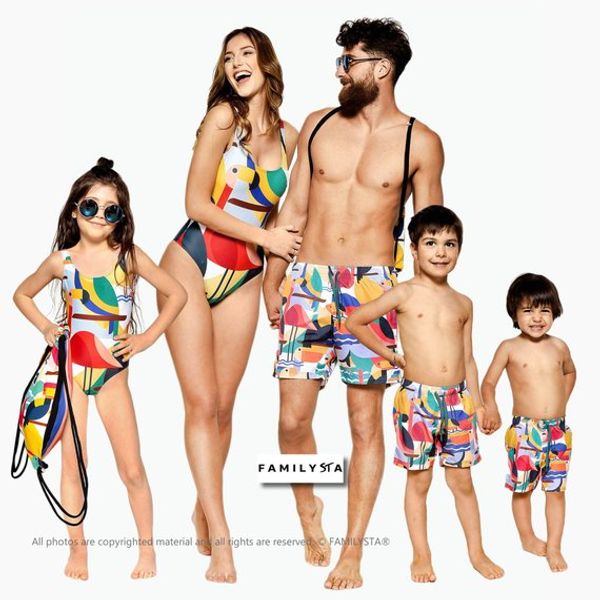 

family with summer clothes mom and daughter beachwear swimsuit dad and son swimming patchwork beach family bikini, Blue