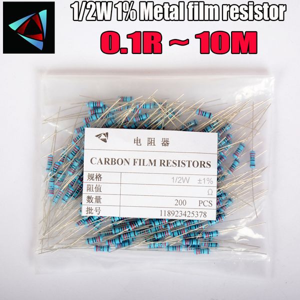 

200pcs 1/2w 0.5w 0.1r~10m 1% metal film resistor series 10r 100r 220r 1k 1.5k 2.2k 4.7k 10k 22k 47k 100k 0.22 0.33 0.47 0.68 ohm
