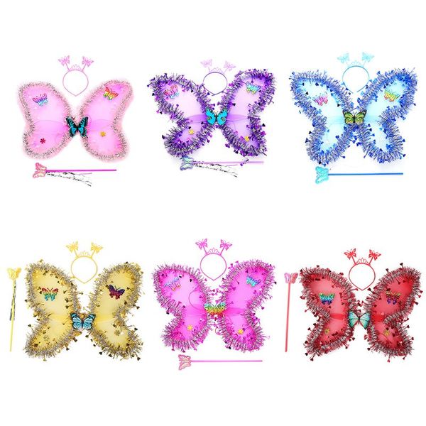 

3 pcs/set princess girls party dress up led simulation wings headband fairy wand f3md, Slivery;white