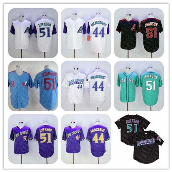 

Men's Throbwack 51 Randy Johnson 44 Paul Goldschmidt Jersey Arizona Montreal Diamondbacks Expos Mariners Baseball Shirt Pinstripe Cream Blue