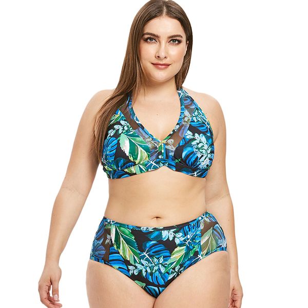 

plus size tropical leaf floral print mesh panel bikini set beachwear big size swimsuit two piece bathing swim suit women biquini, White;black