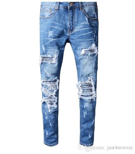 

mens fashion designer new arrival ripped biker jeans distressed long trousers denim pants fashion street slim male blue jeans plus size