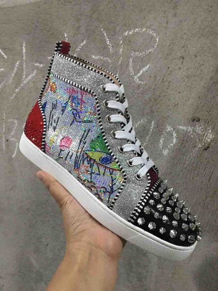 

italy men's spiked red bottom sneakers casual shoes luxury print silver pink pik no limit orlato studs and rhinestones graffiti low/hig, Black