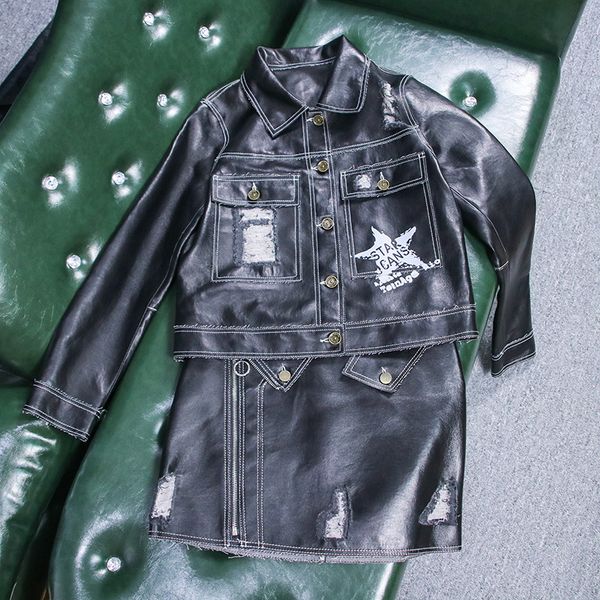 

new real 100% leather sheepskin grinded jacket denim composite leather skirt two piece suit, Black