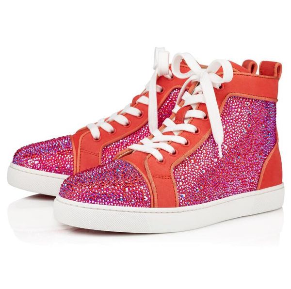 

original-box] high red bottom sneaker flats for men women strass orange,pink,black,gold party dress suede leather fashion casual walkin